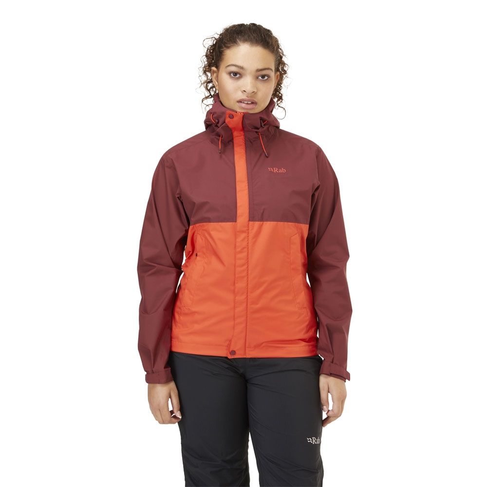 Rab Downpour Eco Jacket Women's Deep Heather/Red Grapefruit QWG-83-DER jassen online bestellen bij Kathmandu Outdoor & Travel
