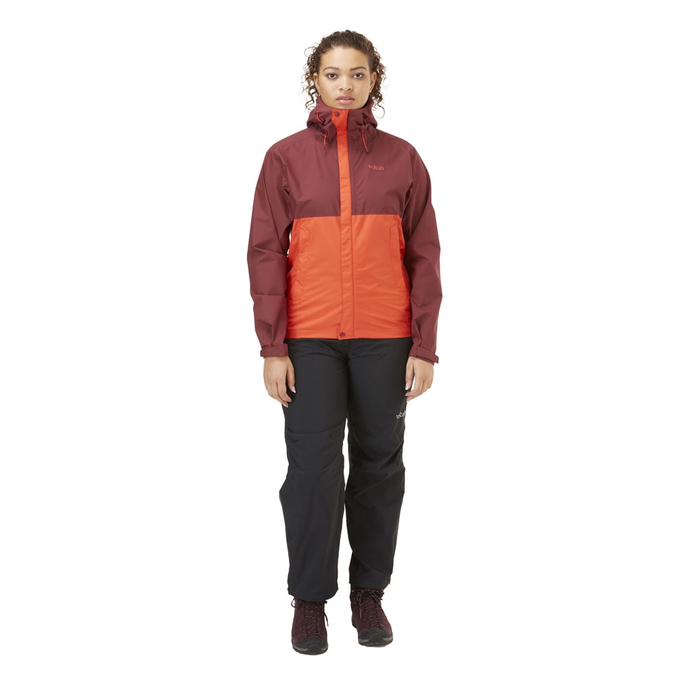 Rab Downpour Eco Jacket Women's Deep Heather/Red Grapefruit QWG-83-DER jassen online bestellen bij Kathmandu Outdoor & Travel