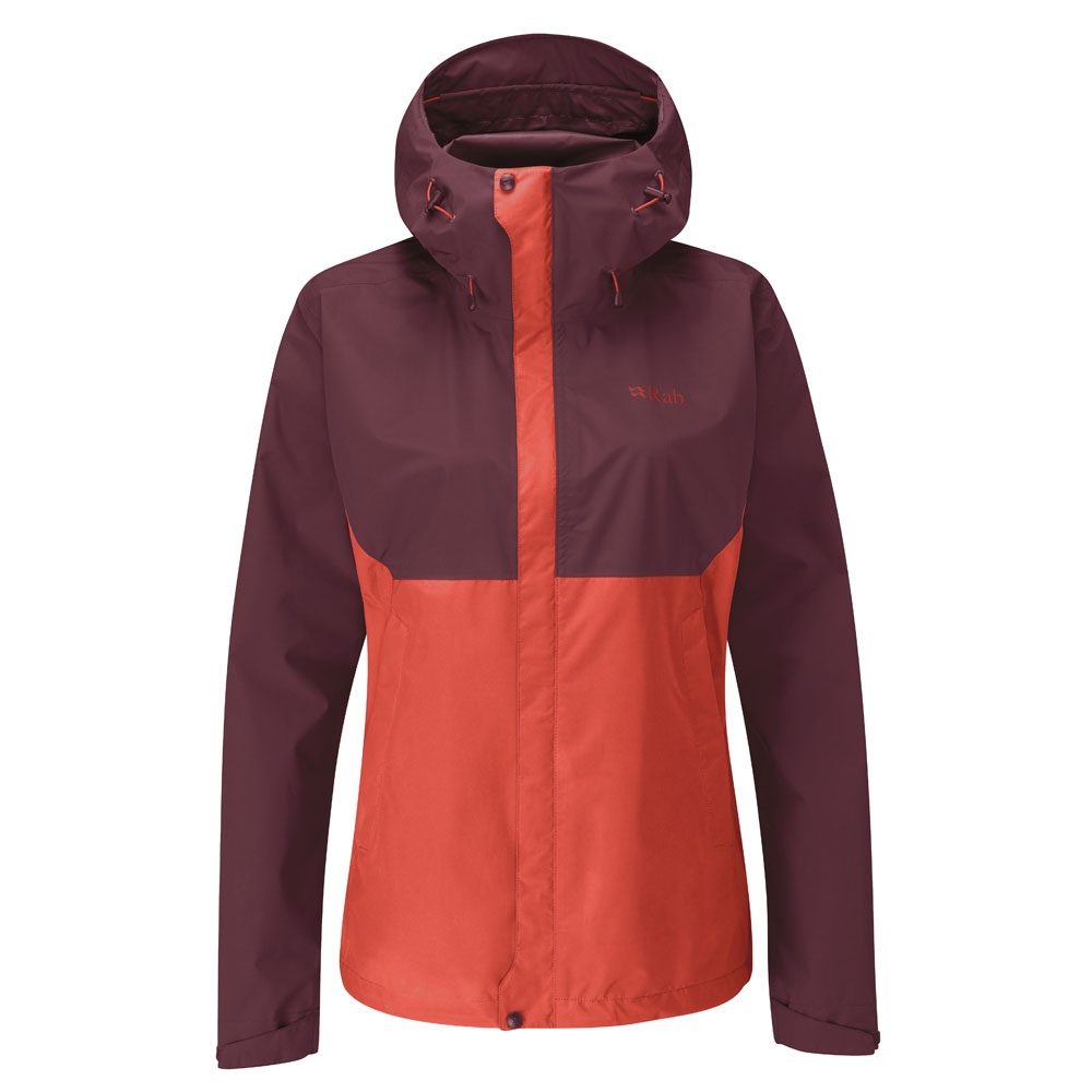 Rab Downpour Eco Jacket Women's Deep Heather/Red Grapefruit QWG-83-DER jassen online bestellen bij Kathmandu Outdoor & Travel