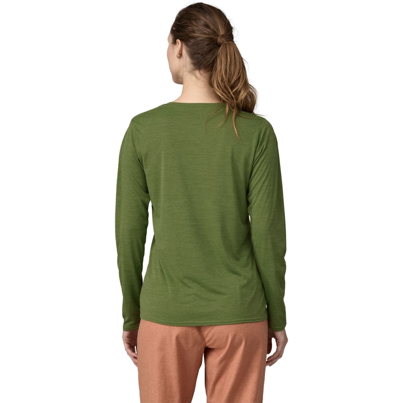 Patagonia Long Sleeve Cool Daily Graphic Shirt Women's '73 Text Logo: Terrain Green X