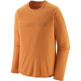 Patagonia Long Sleeve Cap Cool Trail Graphic Shirt Outline Text Logo: Golden Cara