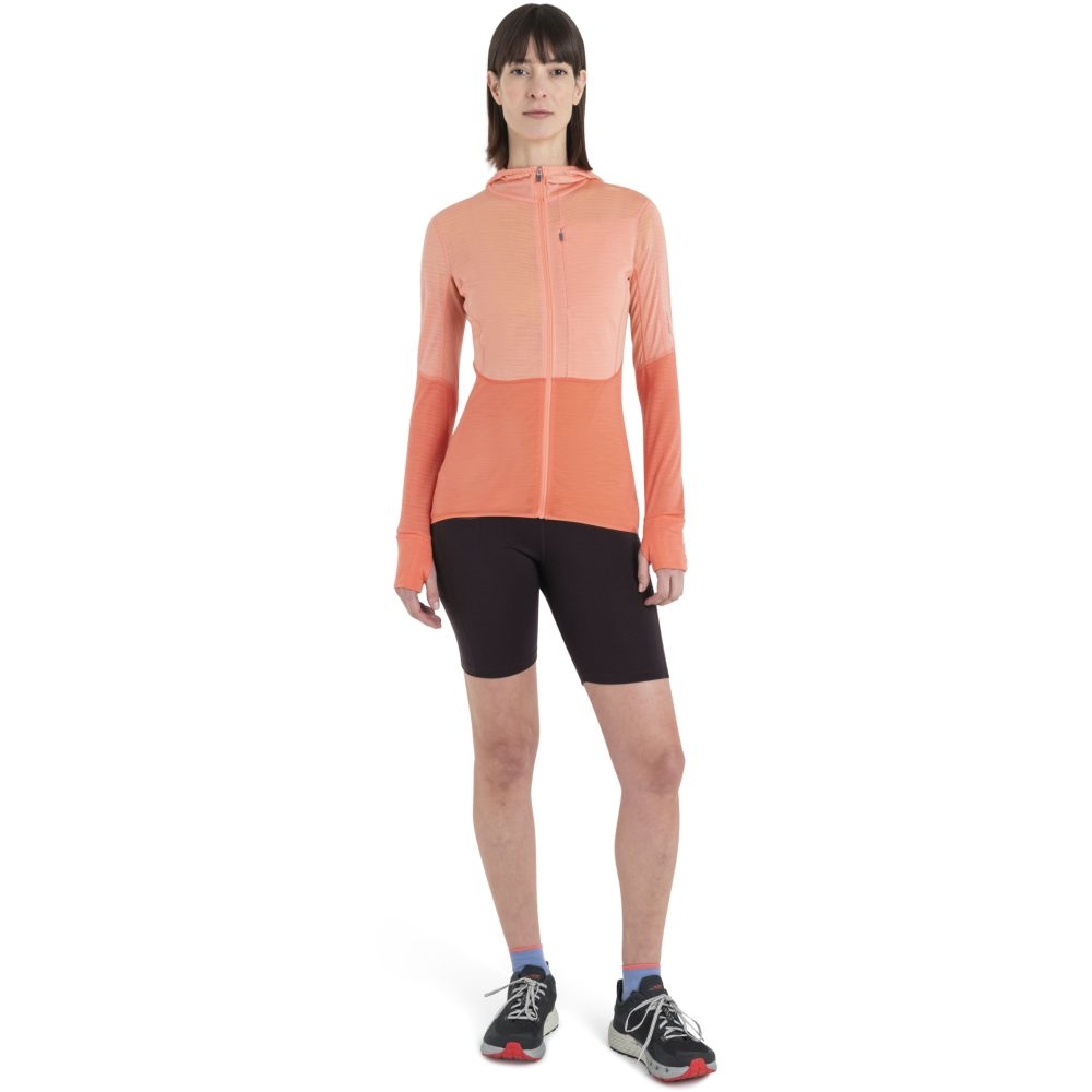 Icebreaker Merino 200 Realfleece Descender LS Zip Hood Women' Glow/Tang/Cb 0A56YNC-961 fleeces en truien online bestellen bij Kathmandu Outdoor & Travel