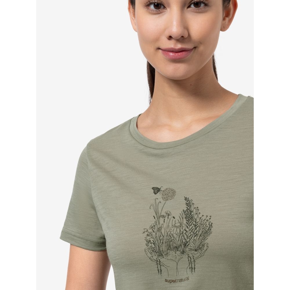 Super Natural Flowerhand Tee Women's Dried Sage/Black Ink/Copper SNWP03134-49B shirts en tops online bestellen bij Kathmandu Outdoor & Travel