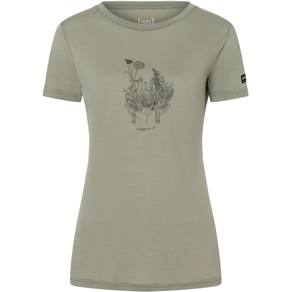 Super Natural Flowerhand Tee Women's Dried Sage/Black Ink/Copper SNWP03134-49B shirts en tops online bestellen bij Kathmandu Outdoor & Travel