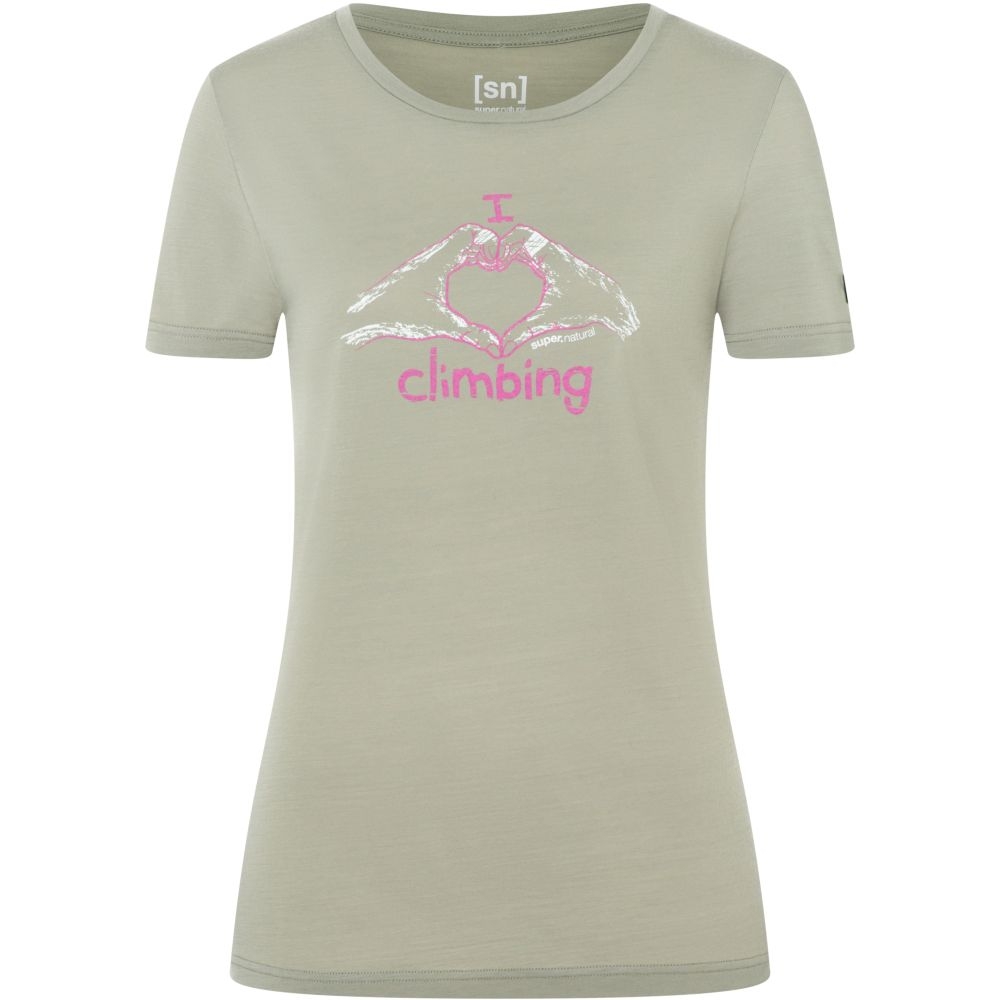 Super Natural I Love Climbing Tee Women's Dried Sage/Gin Fizz/Natural Wh SNWP03130-54B shirts en tops online bestellen bij Kathmandu Outdoor & Travel