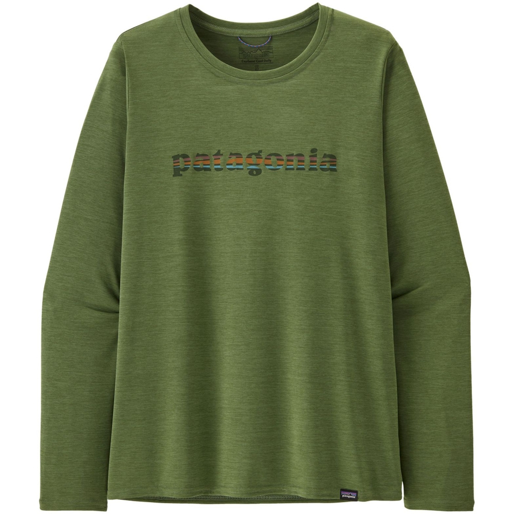 Patagonia Long Sleeve Cool Daily Graphic Shirt Women's '73 Text Logo: Terrain Green X 45205-TTNX shirts en tops online bestellen bij Kathmandu Outdoor & Travel