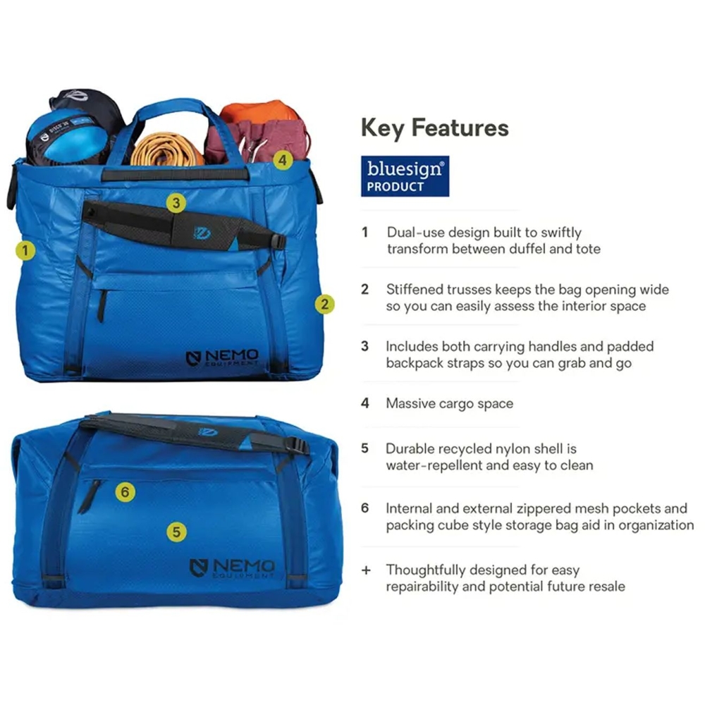 Nemo Double Haul Convertible Duffel 70L (Lake) Lake 811666033611-Lake duffels online bestellen bij Kathmandu Outdoor & Travel