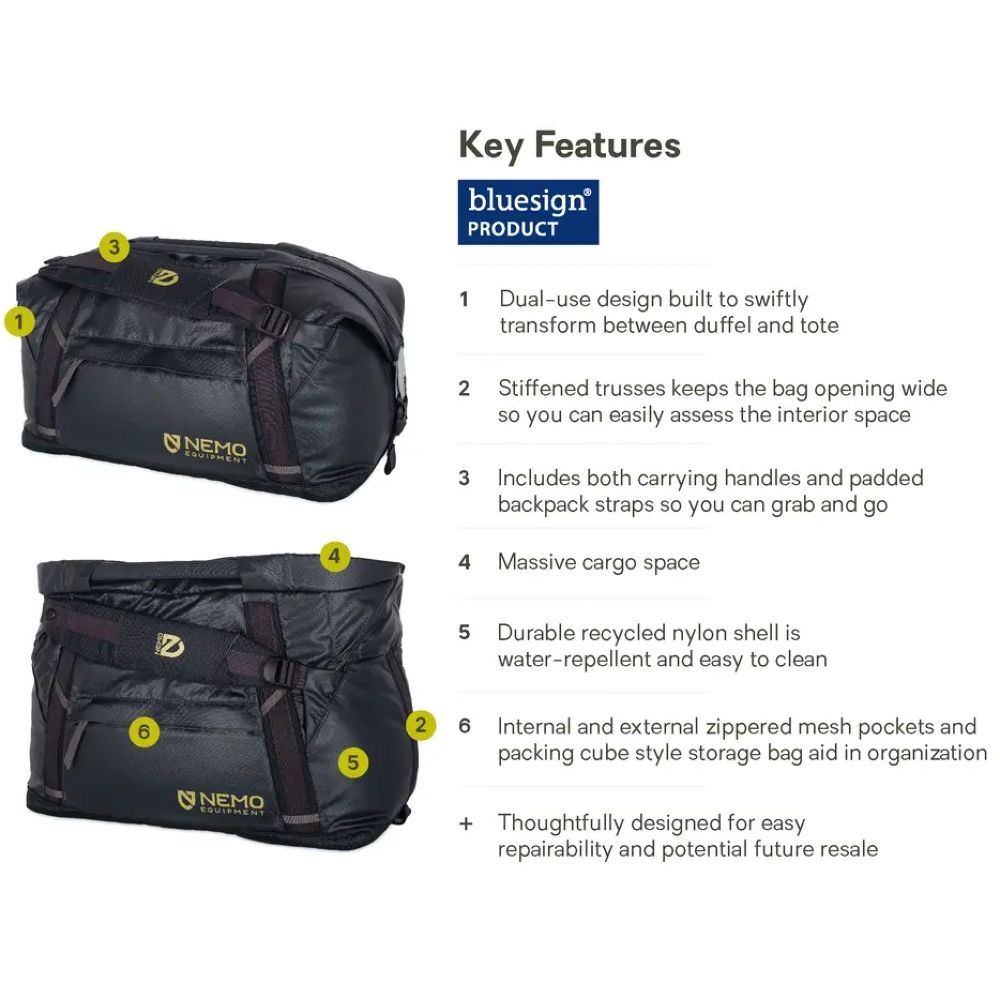 Nemo Double Haul Convertible Duffel 30L (Black) Black 811666033291-Black duffels online bestellen bij Kathmandu Outdoor & Travel
