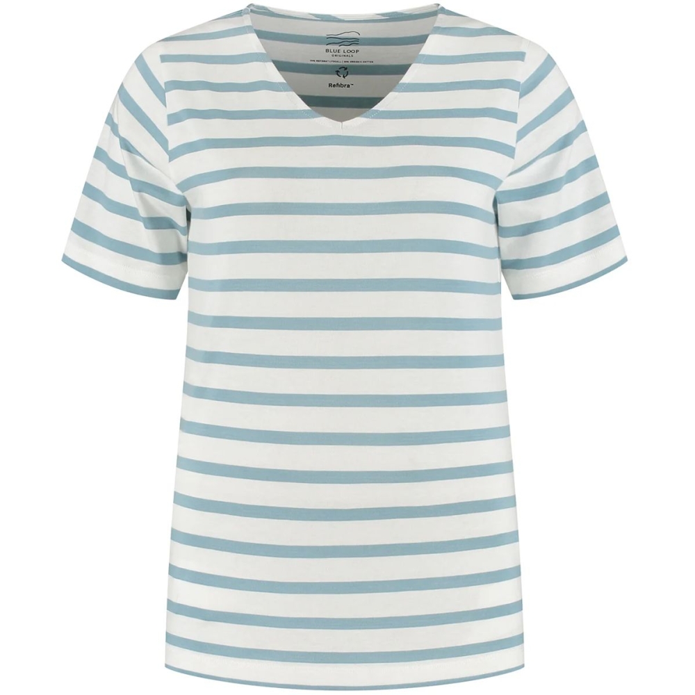 Blue Loop Originals Refibra Loose Fit V-neck Tshirt Women's White/Blue Shadow W-RLF014-25-B122 shirts en tops online bestellen bij Kathmandu Outdoor & Travel